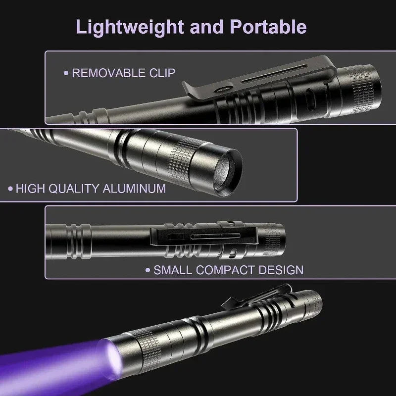Lampe de poche UV 395nm, torche ultraviolette avec pince à stylo, lumière violette Portable, détecteur d'urine animale et de Scorpion, lampe UV, utiliser des piles AAA