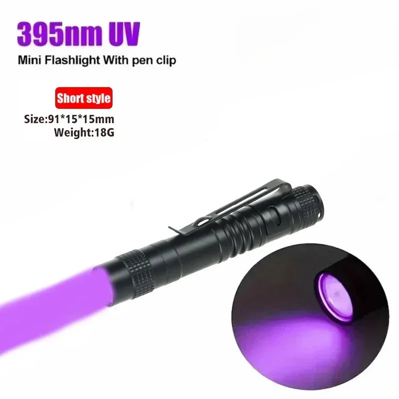 Lampe de poche UV 395nm, torche ultraviolette avec pince à stylo, lumière violette Portable, détecteur d'urine animale et de Scorpion, lampe UV, utiliser des piles AAA