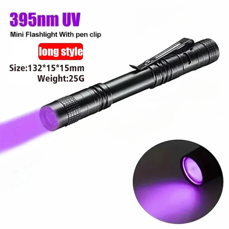 Lampe de poche UV 395nm, torche ultraviolette avec pince à stylo, lumière violette Portable, détecteur d'urine animale et de Scorpion, lampe UV, utiliser des piles AAA