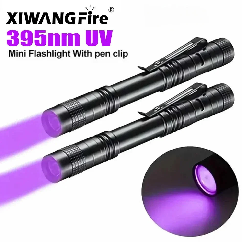 Lampe de poche UV 395nm, torche ultraviolette avec pince à stylo, lumière violette Portable, détecteur d'urine animale et de Scorpion, lampe UV, utiliser des piles AAA