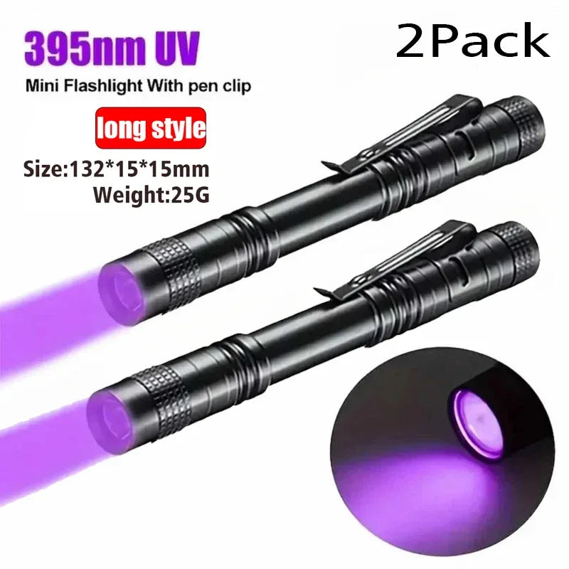 Lampe de poche UV 395nm, torche ultraviolette avec pince à stylo, lumière violette Portable, détecteur d'urine animale et de Scorpion, lampe UV, utiliser des piles AAA