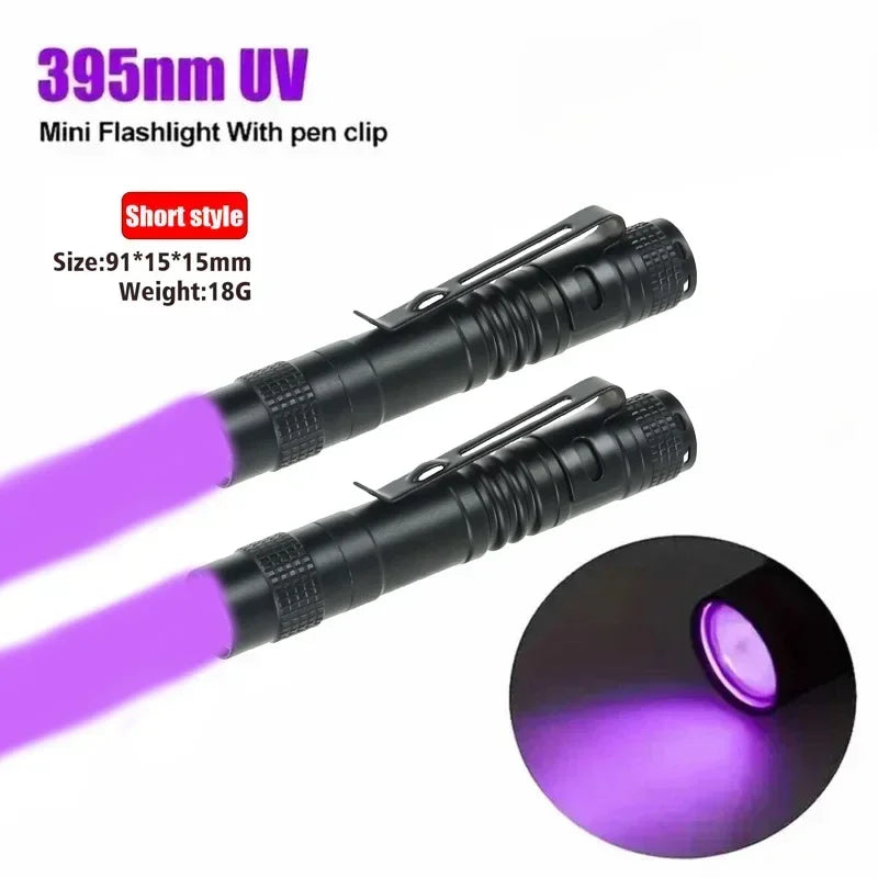 Lampe de poche UV 395nm, torche ultraviolette avec pince à stylo, lumière violette Portable, détecteur d'urine animale et de Scorpion, lampe UV, utiliser des piles AAA